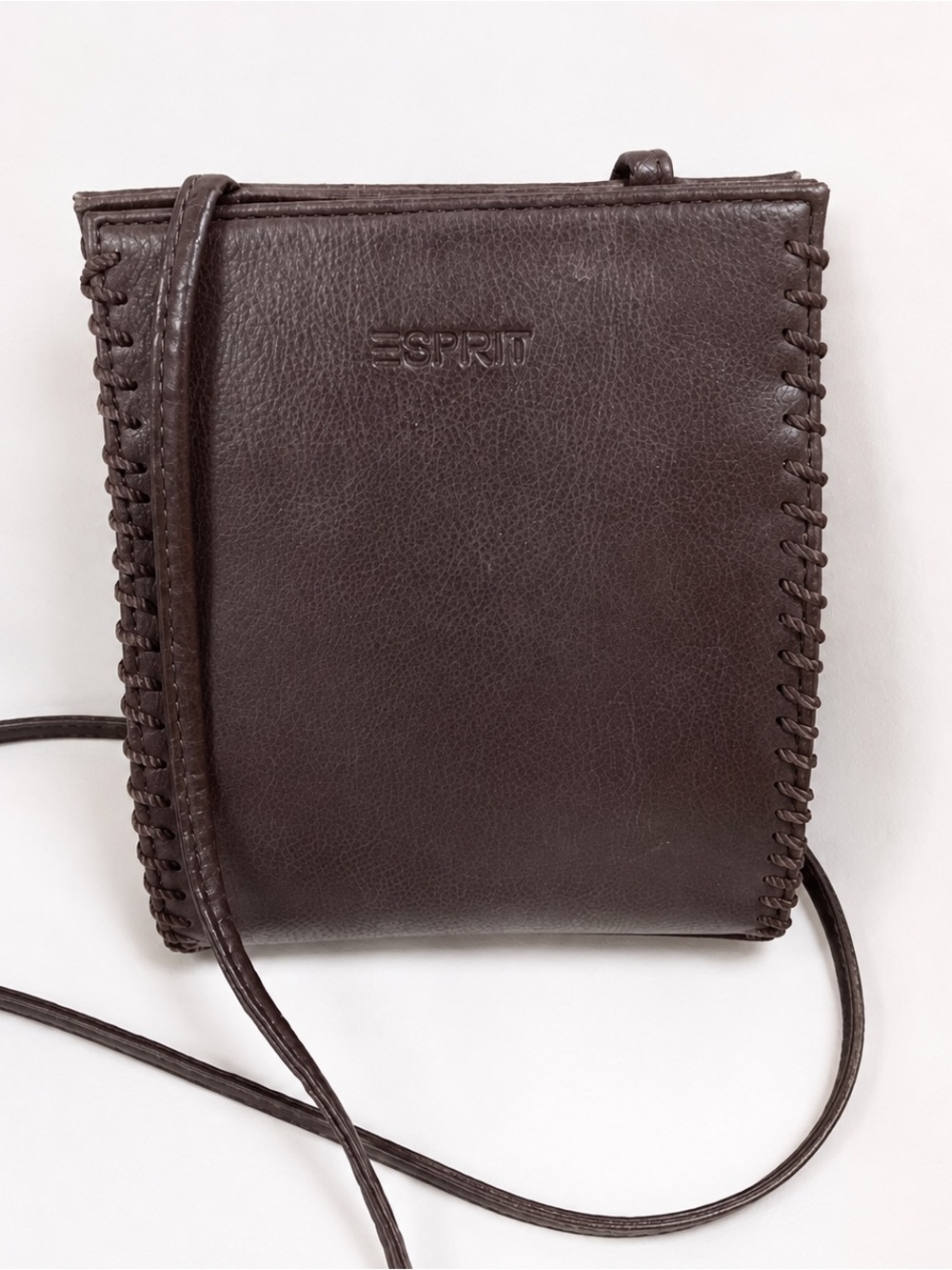Esprit Vintage Dark Brown Leather Messenger Bag with Whipstitch Trim
